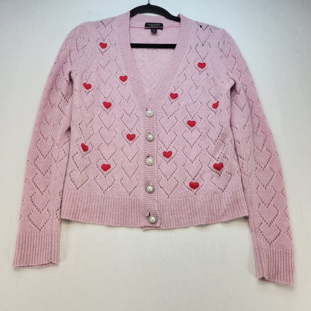 Charter Club Cardigan Womens S Pink Luxury Cashmere Pointelle Heart Pearl Button